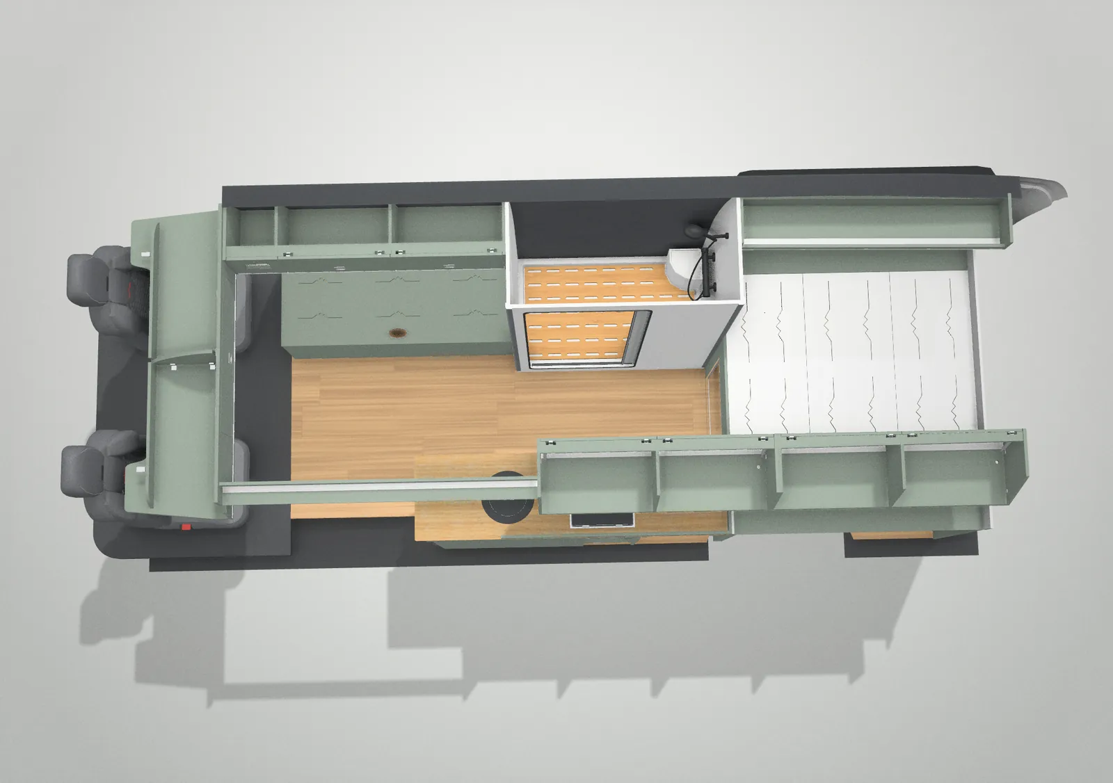 The VANZ 3D layout designer from above: Layout 2 in an LWB Crafter 2017+ in Salvia, with the D6 kitchen, a 1,160 shower, a bench seat and the bed box